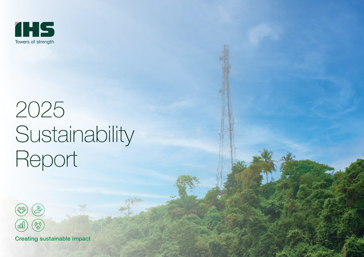 IHS Towers 2025 Sustainability Report cover featuring a communications tower above a green landscape